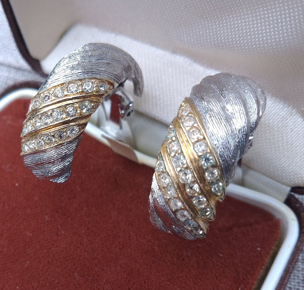 Christian Dior - Authentic Vintage Half Hoops Earrings in White Gold Tone with Lines of Crystals set in Yellow Gold Tone