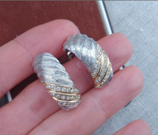 Christian Dior - Authentic Vintage Half Hoops Earrings in White Gold Tone with Lines of Crystals set in Yellow Gold Tone