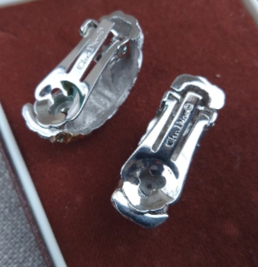 Christian Dior - Authentic Vintage Half Hoops Earrings in White Gold Tone with Lines of Crystals set in Yellow Gold Tone