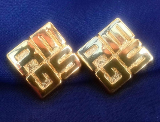 Madame Gres - Authentic Vintage French Couture Gold Plated Signed Logo Earrings by the Iconic French designer