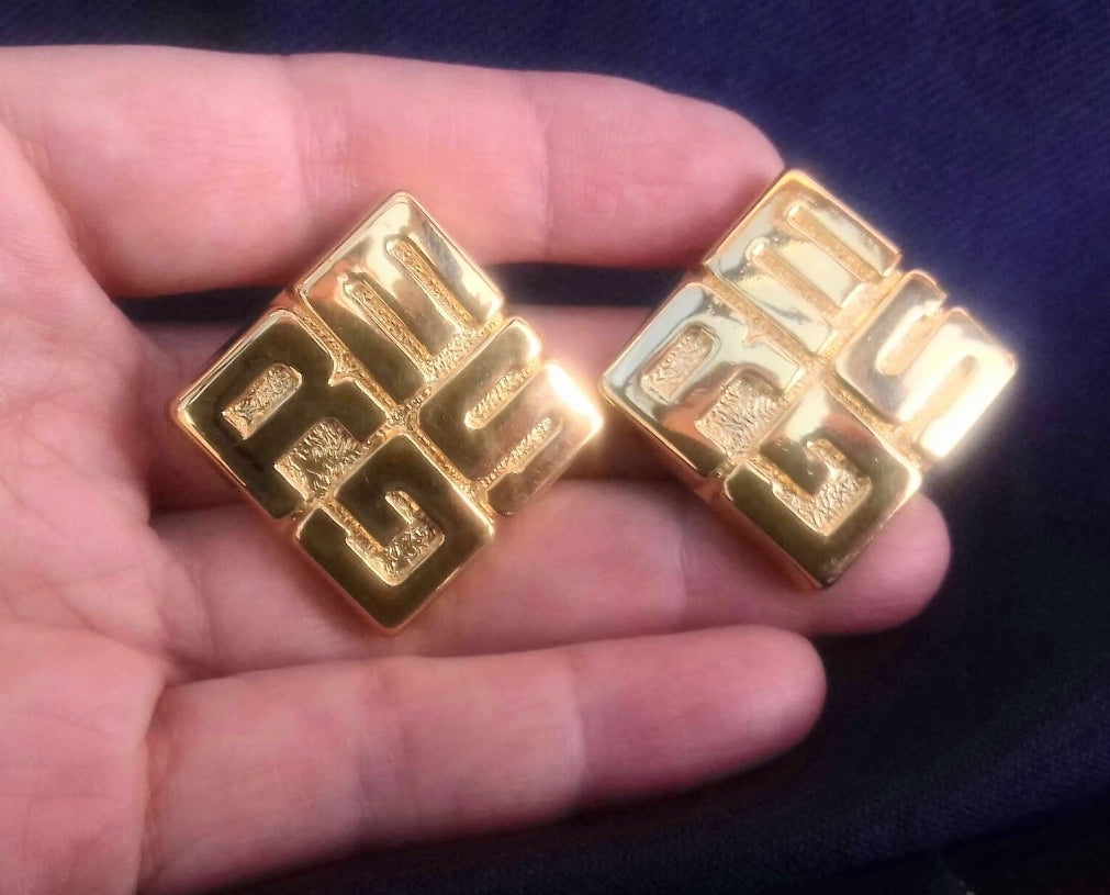 Madame Gres - Authentic Vintage French Couture Gold Plated Signed Logo Earrings by the Iconic French designer