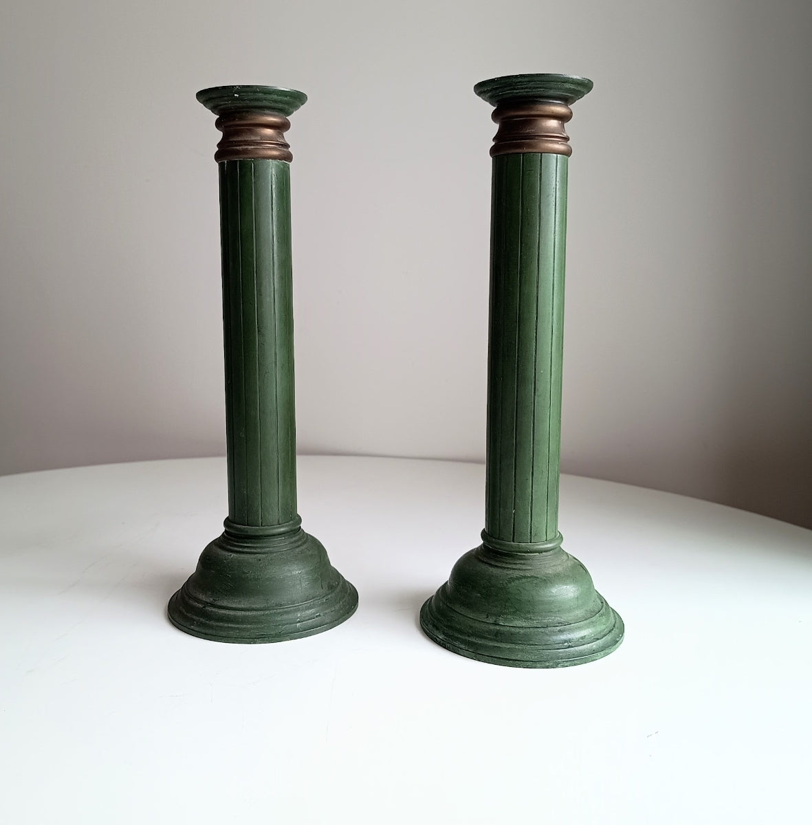 Bronze Neo-classical Column  Candle Holders in the style or by Jacques Adnet c 1930s Art Deco France