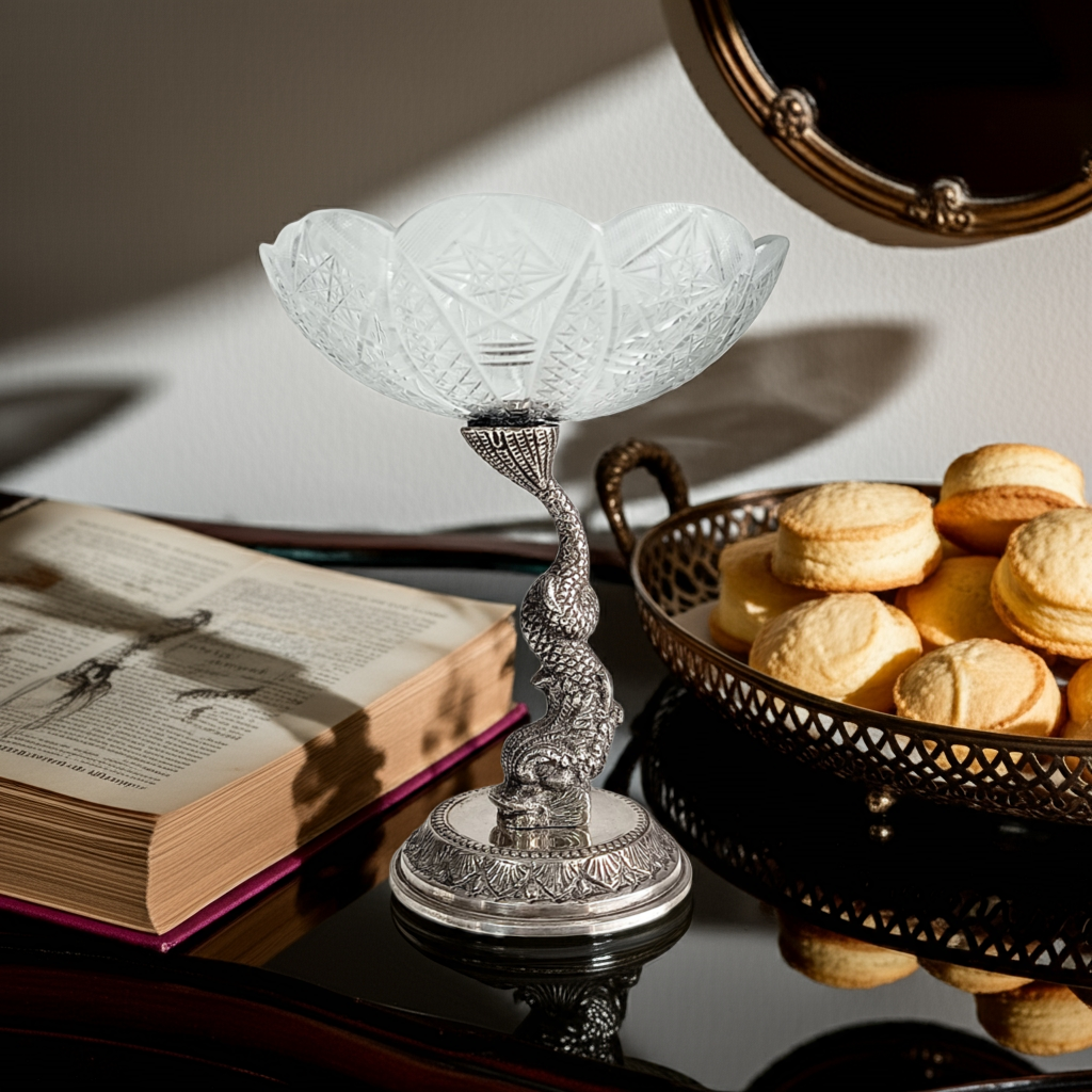 Antique French Biscuit Bowl with Cast Figural Dolphin Stand – Silver Plate & Cut Glass, 10.25" Tall