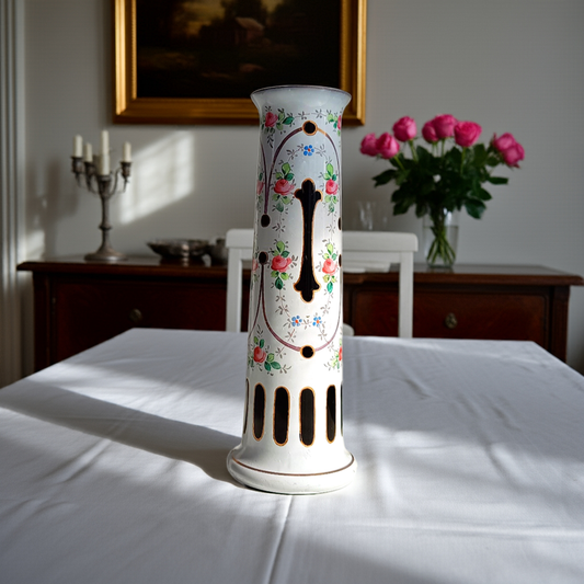 Harrach Black Opaline Glass Column Vase Enamelled in White by Moser