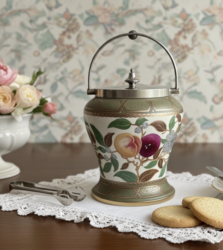 Victorian English Hand-painted Silver-plated Cottagecore Biscuits Barrel / Cookies Jar