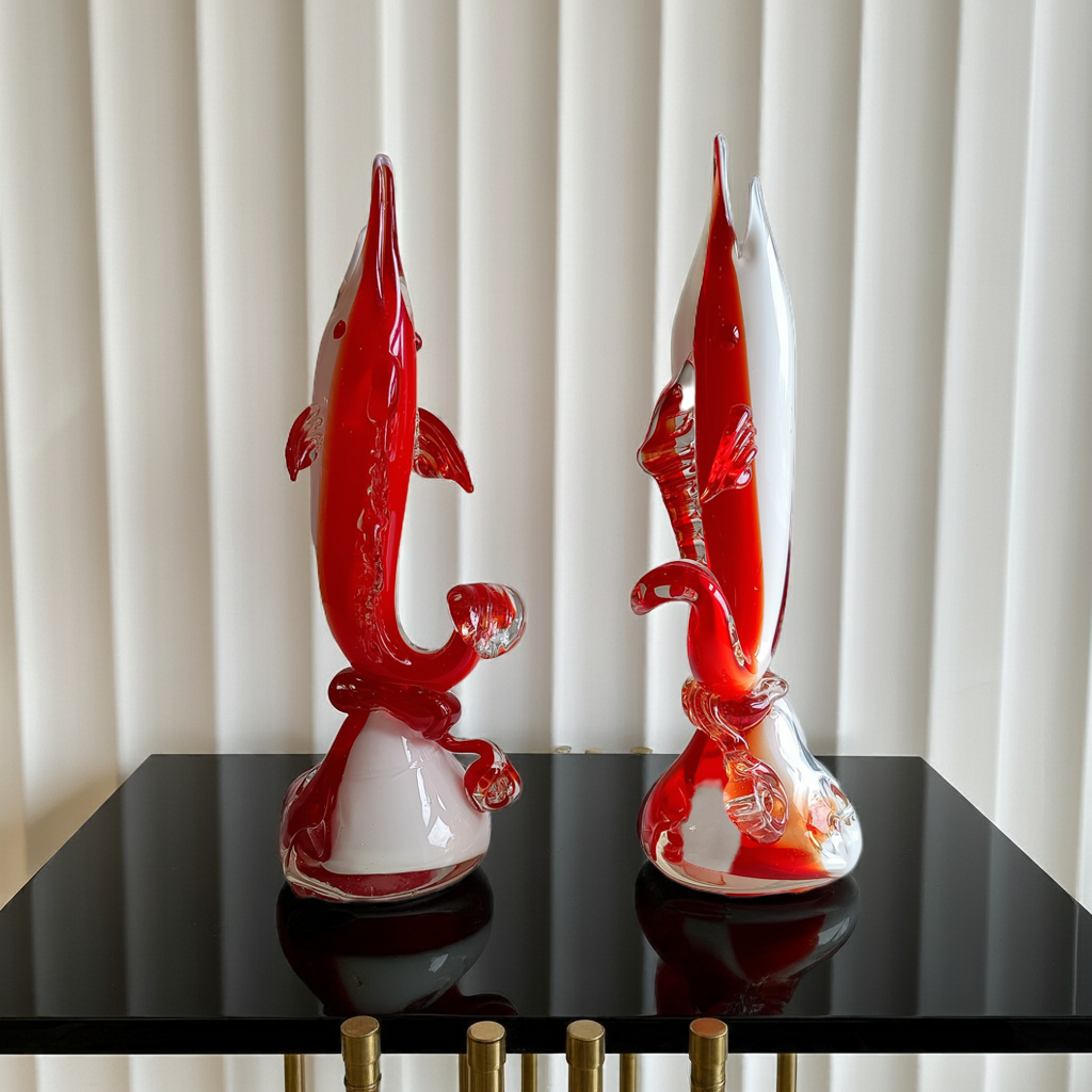 Cased Ruby over Opaque Lattimo Art Glass Solifleur Murano Swordfish Vases amber rigaree fins, lobed foot, pontil,  Alfredo Barbini style
