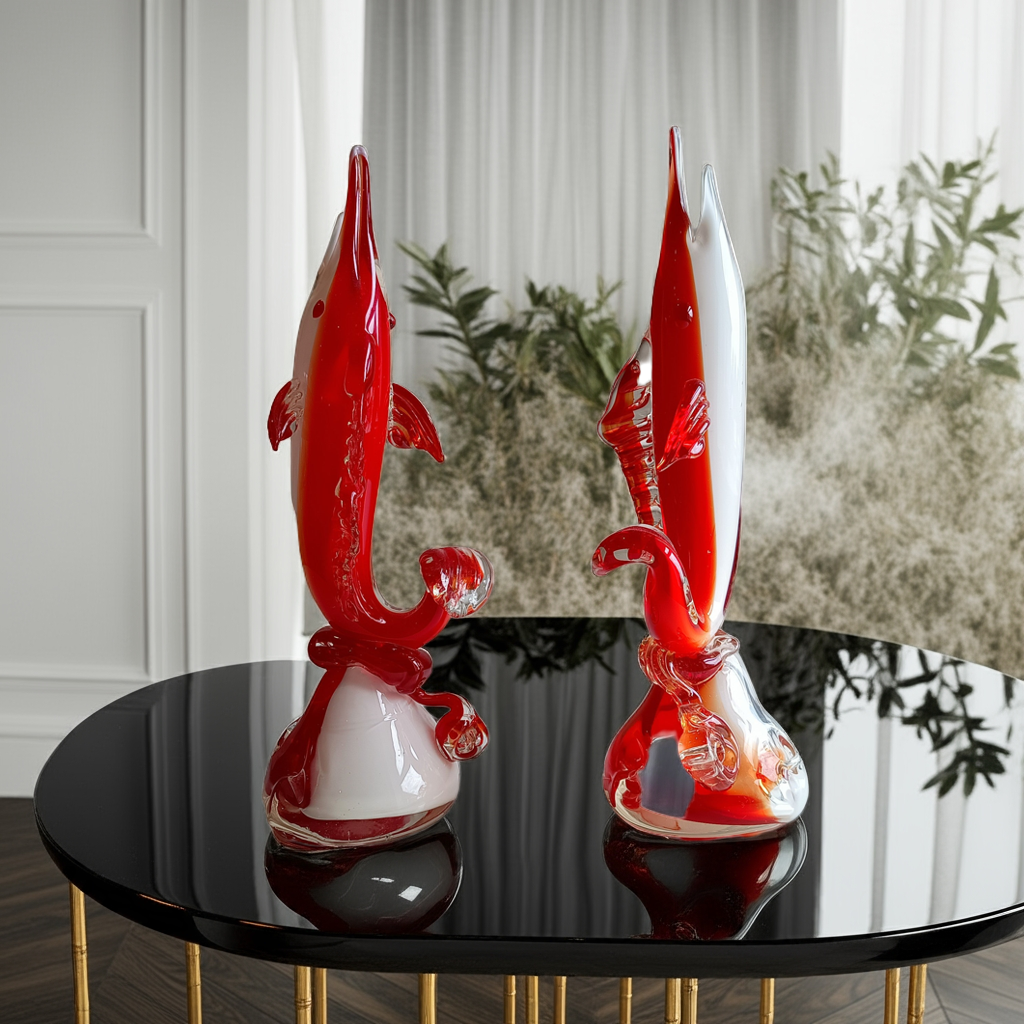 Cased Ruby over Opaque Lattimo Art Glass Solifleur Murano Swordfish Vases amber rigaree fins, lobed foot, pontil,  Alfredo Barbini style
