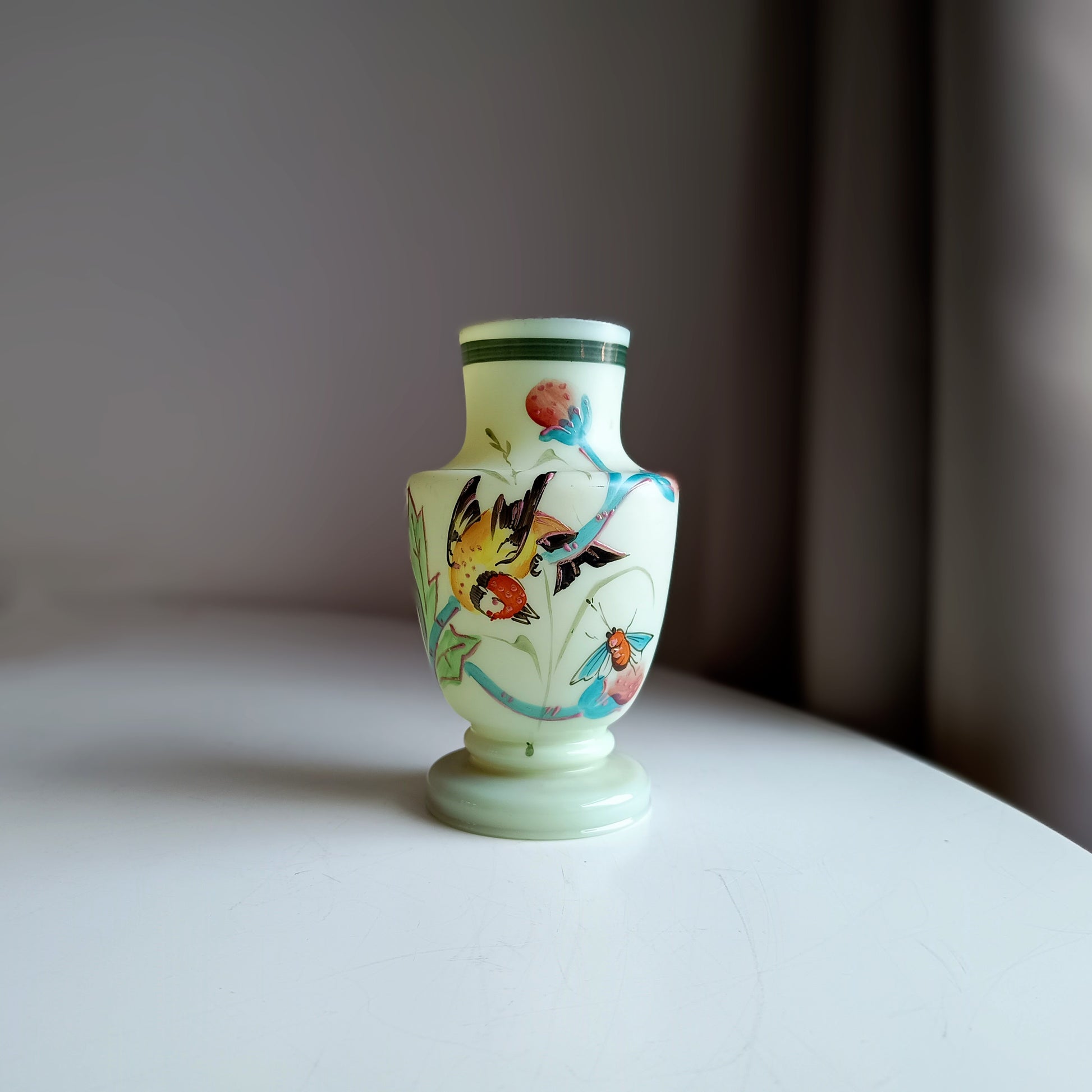 Vintage Uranium Opaline Glass Cabinet Vase: Aesthetic Movement Japonisme Enamel
