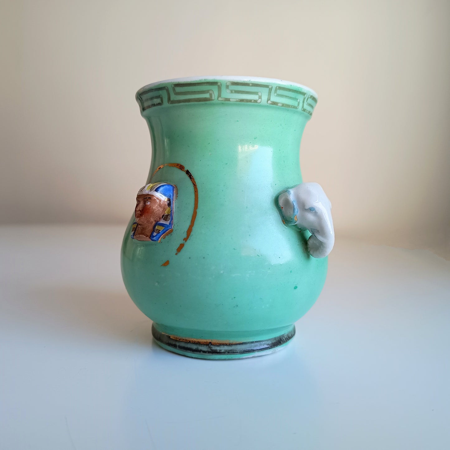 Vintage Novelty Pharaoh Applique Elephant Handles Match Holder Hu Vase Celadon Glaze European 1890-1920 in the style of George Jones Pottery