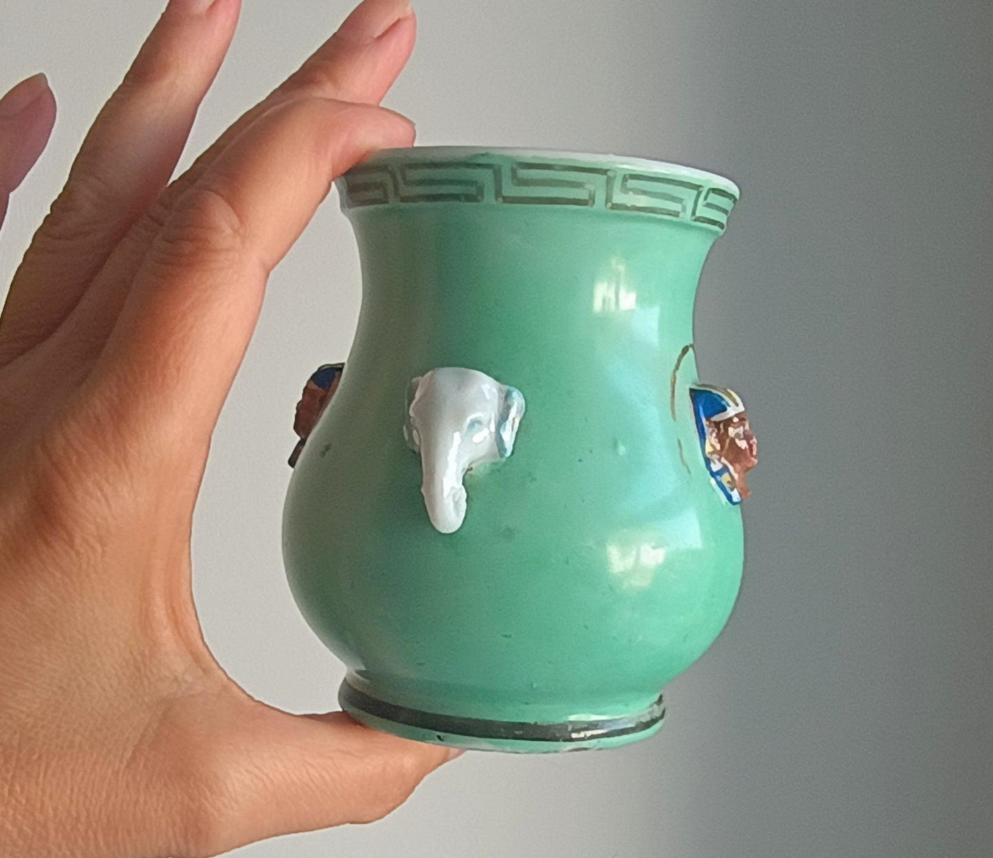 Vintage Novelty Pharaoh Applique Elephant Handles Match Holder Hu Vase Celadon Glaze European 1890-1920 in the style of George Jones Pottery