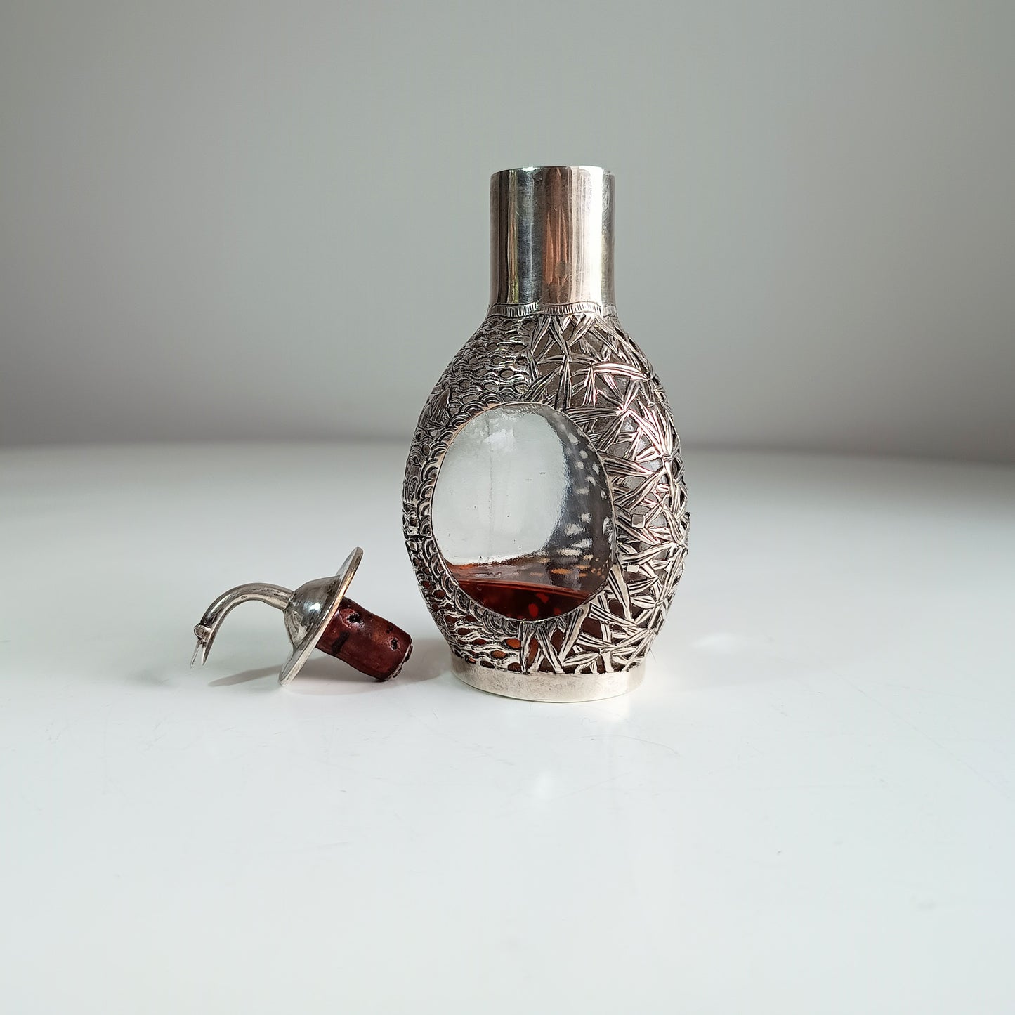 Authentic Antique Chinese Export Hallmarked Sterling Silver Bamboo Dragon Pagoda Overlayed Triangular Handmade Glass Sprinkler Pourer Bottle