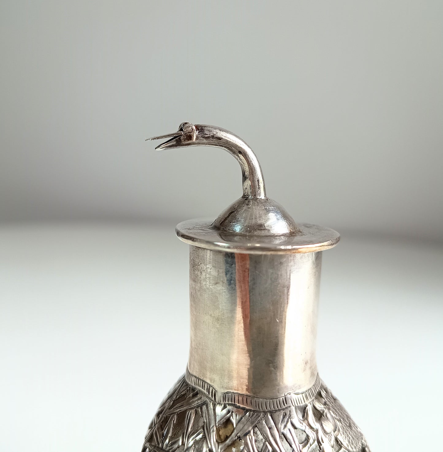 Authentic Antique Chinese Export Hallmarked Sterling Silver Bamboo Dragon Pagoda Overlayed Triangular Handmade Glass Sprinkler Pourer Bottle