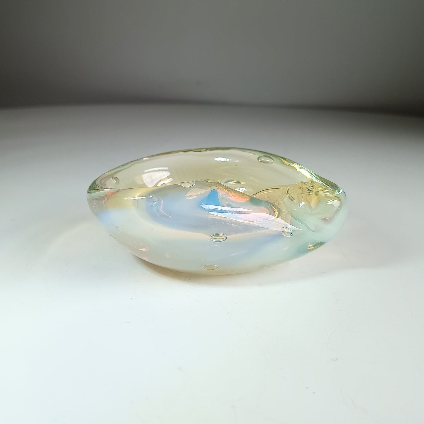 Authentic Vintage Midcentury Murano Opalescent  Art Glass Bowl with Controlled Bubbles in Off White with Rainbow Pink and Yellow Flare