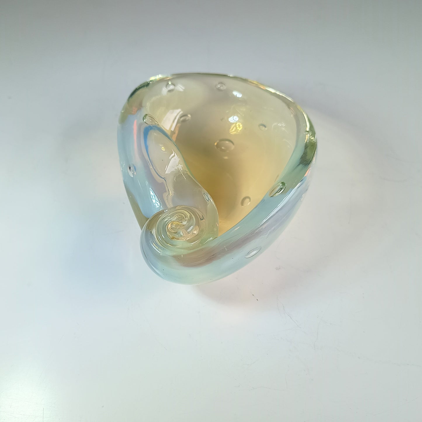 Authentic Vintage Midcentury Murano Opalescent  Art Glass Bowl with Controlled Bubbles in Off White with Rainbow Pink and Yellow Flare