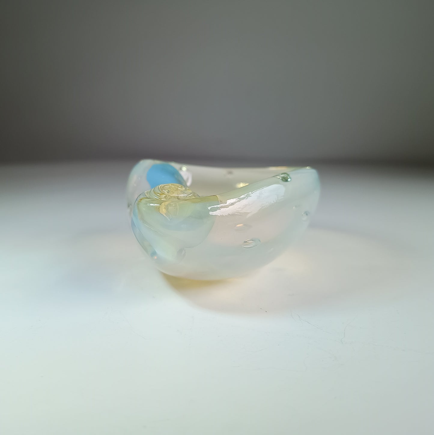 Authentic Vintage Midcentury Murano Opalescent  Art Glass Bowl with Controlled Bubbles in Off White with Rainbow Pink and Yellow Flare