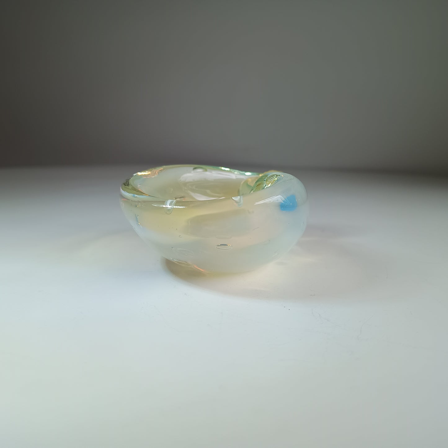Authentic Vintage Midcentury Murano Opalescent  Art Glass Bowl with Controlled Bubbles in Off White with Rainbow Pink and Yellow Flare