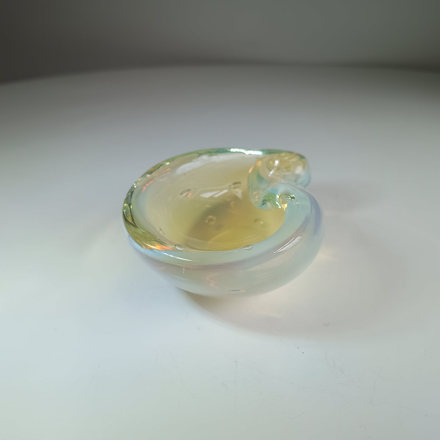Authentic Vintage Midcentury Murano Opalescent  Art Glass Bowl with Controlled Bubbles in Off White with Rainbow Pink and Yellow Flare