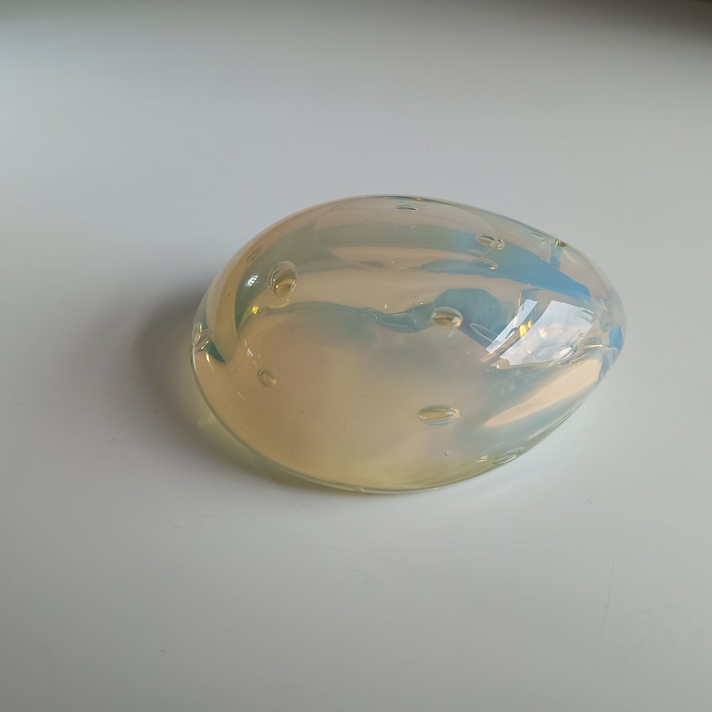 Authentic Vintage Midcentury Murano Opalescent  Art Glass Bowl with Controlled Bubbles in Off White with Rainbow Pink and Yellow Flare