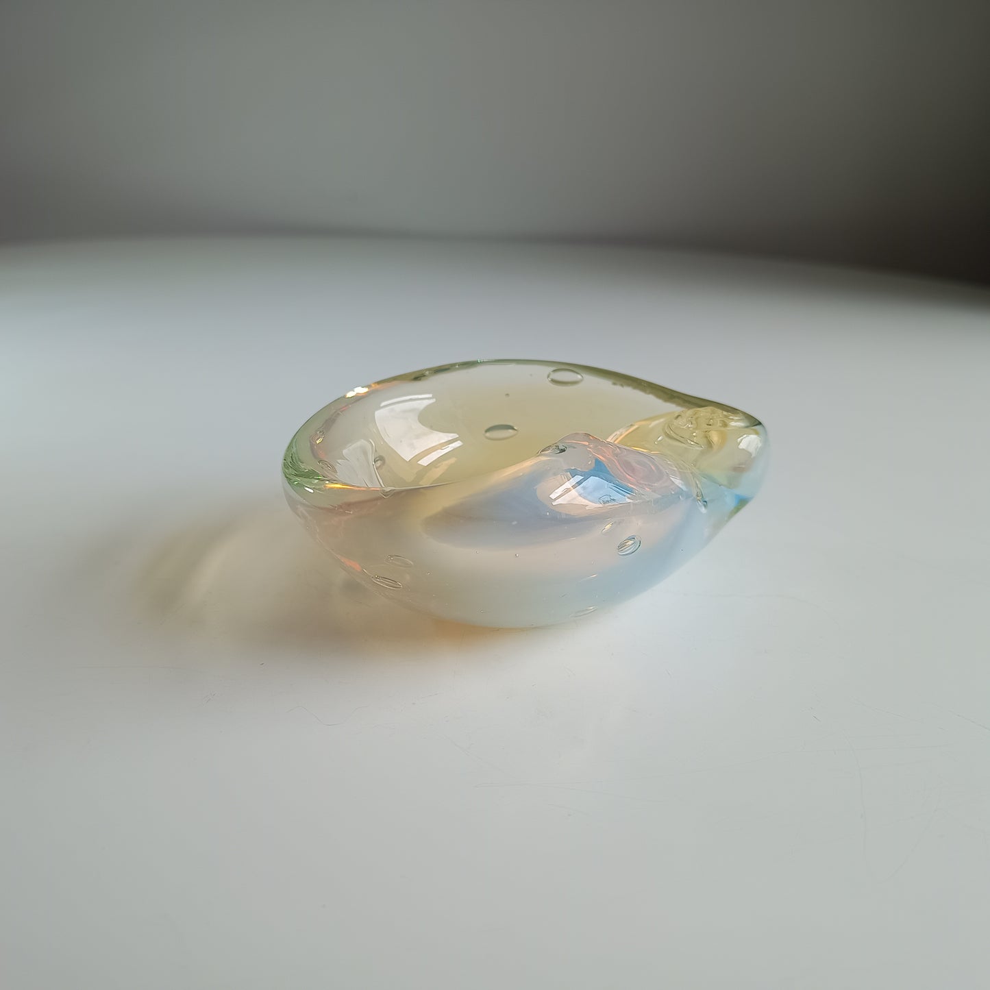 Authentic Vintage Midcentury Murano Opalescent  Art Glass Bowl with Controlled Bubbles in Off White with Rainbow Pink and Yellow Flare