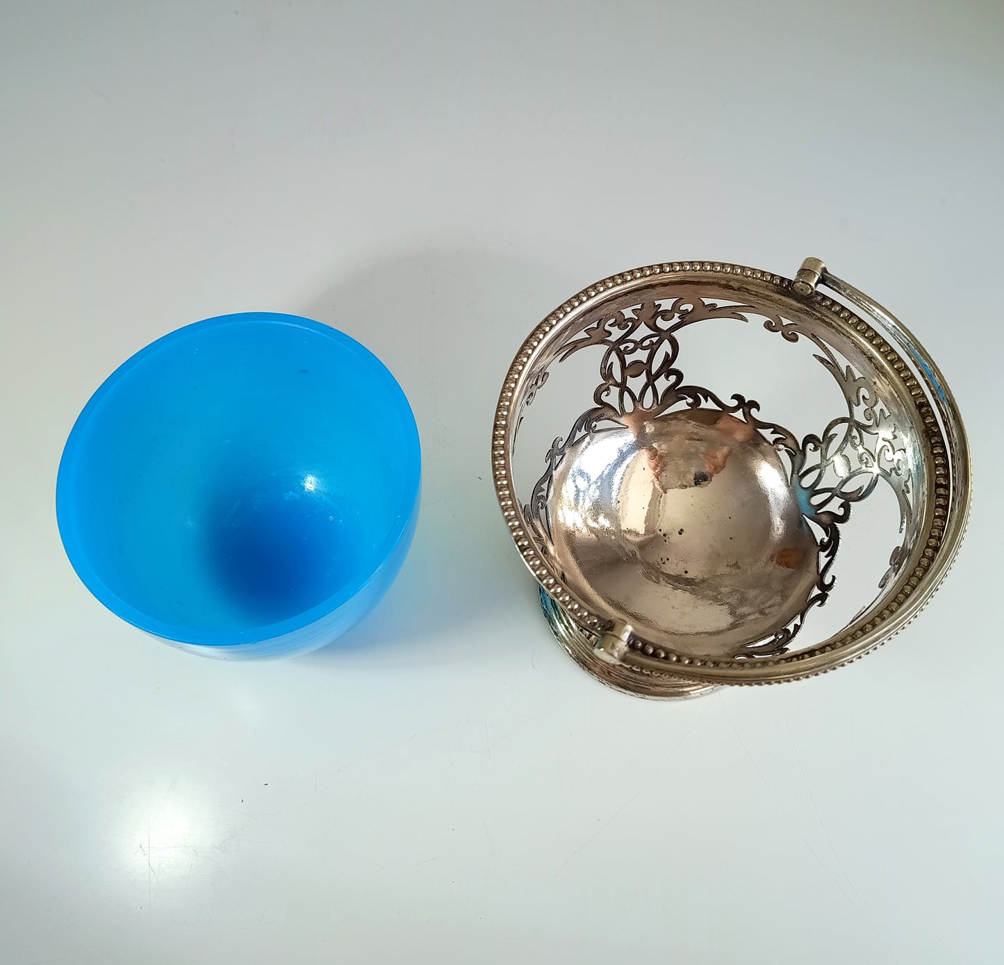 Blue Opaline Frosted Glass Biscuit Bowl in Silver Plated Pierced Basket with Handle Art Nouveau style England 1890