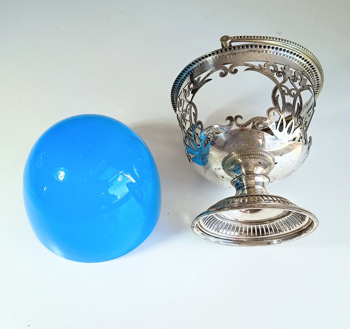Blue Opaline Frosted Glass Biscuit Bowl in Silver Plated Pierced Basket with Handle Art Nouveau style England 1890