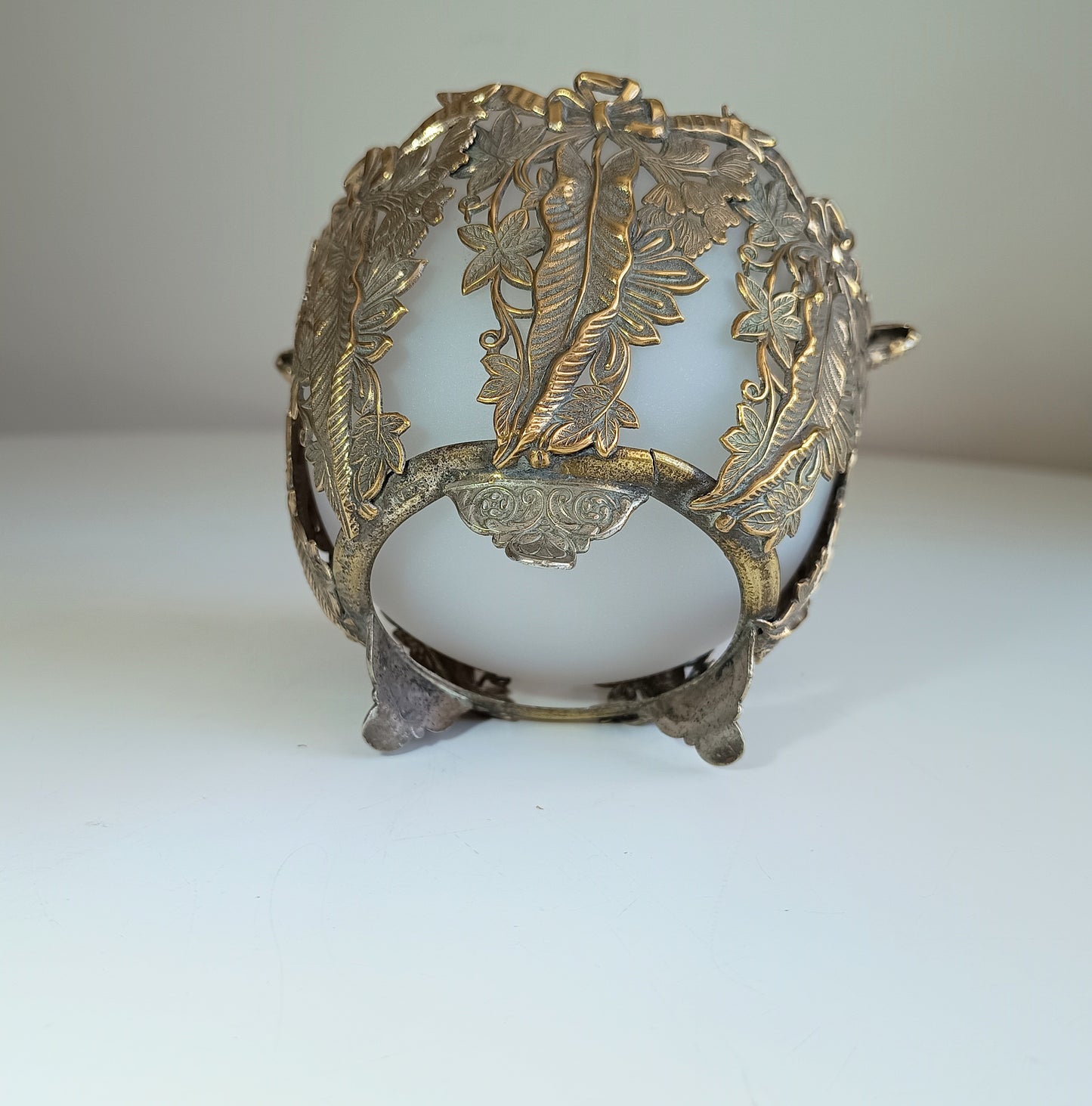 Vintage Aesthetic French or English Repousse Metal Biscuits Basket with Frosted White Opaline Glass Bowl