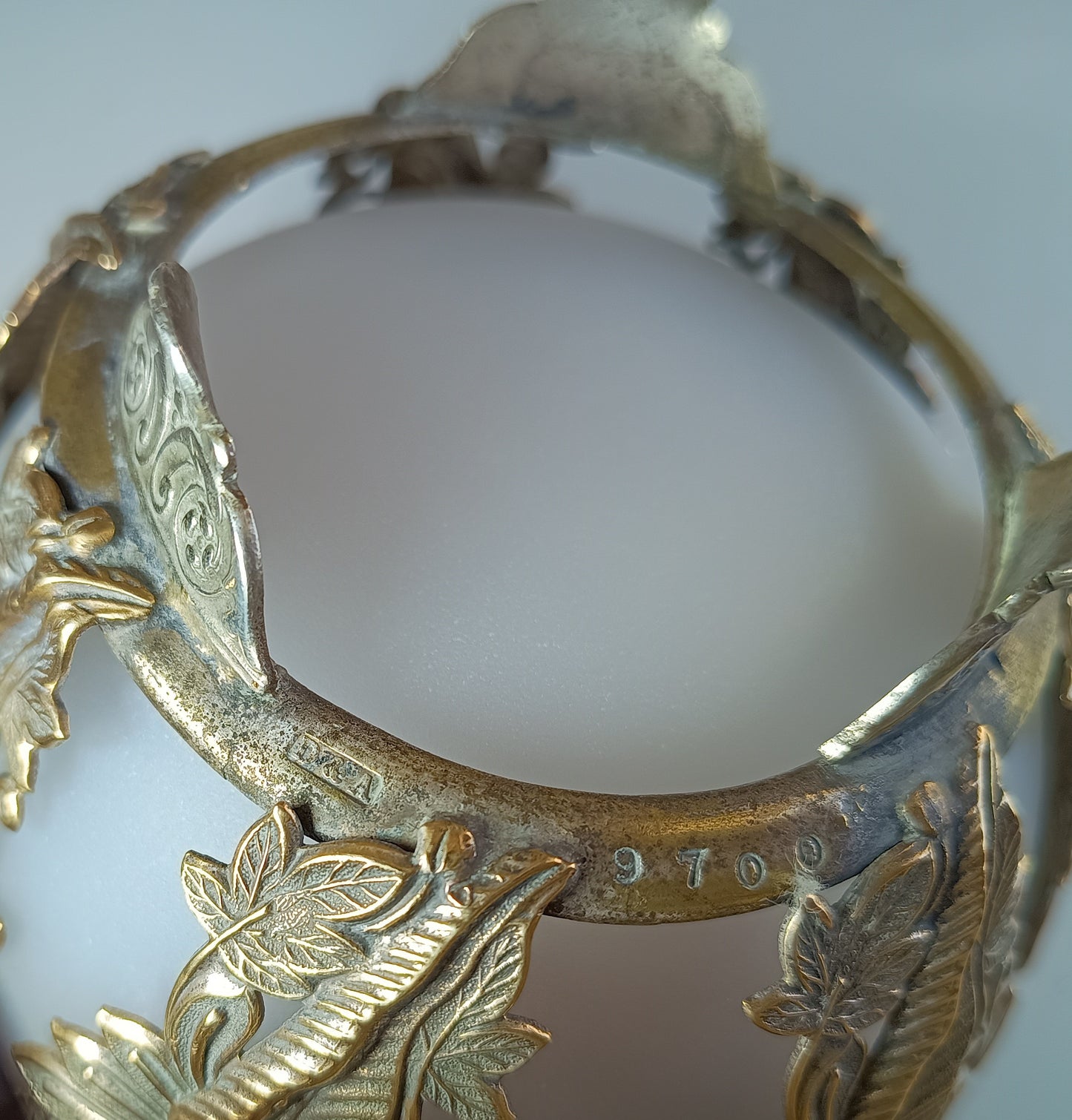 Vintage Aesthetic French or English Repousse Metal Biscuits Basket with Frosted White Opaline Glass Bowl