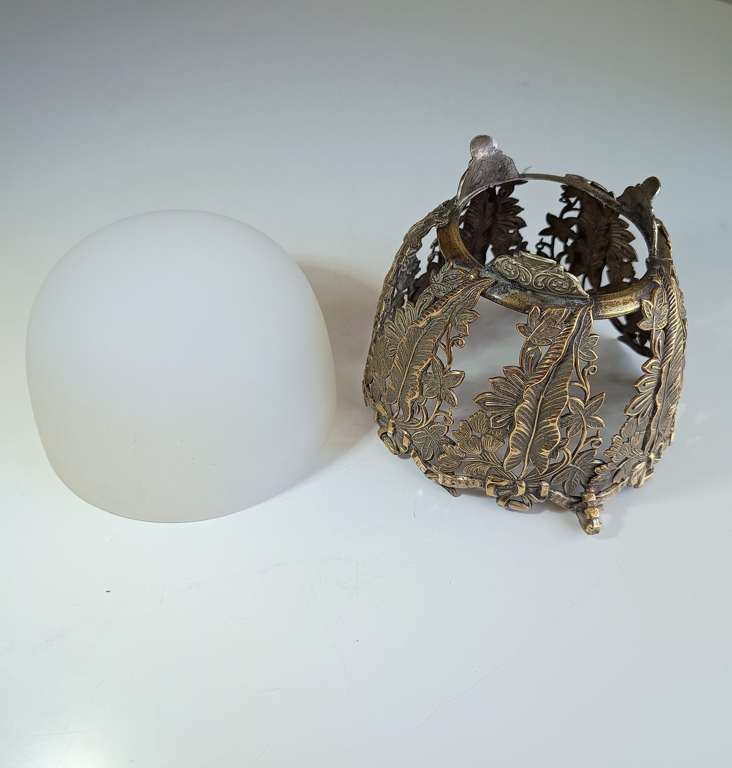 Vintage Aesthetic French or English Repousse Metal Biscuits Basket with Frosted White Opaline Glass Bowl