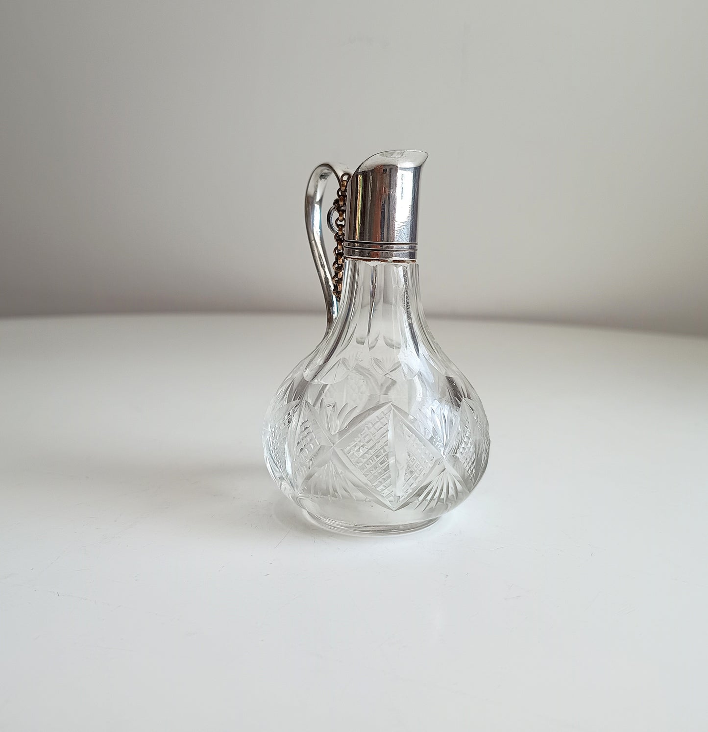 Vintage Fine Dining Cut Glass Bottle White Metal Neck, Handle Chained Stopper, Georgian Style