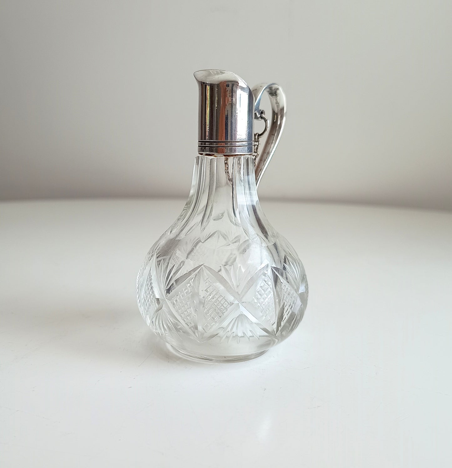 Vintage Fine Dining Cut Glass Bottle White Metal Neck, Handle Chained Stopper, Georgian Style