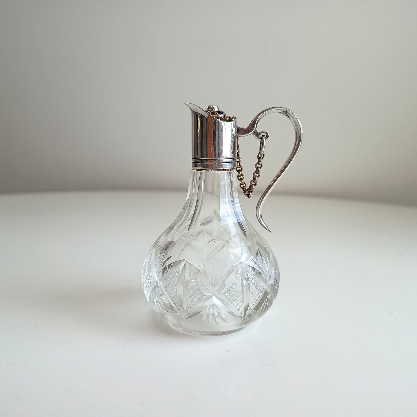 Vintage Fine Dining Cut Glass Bottle White Metal Neck, Handle Chained Stopper, Georgian Style