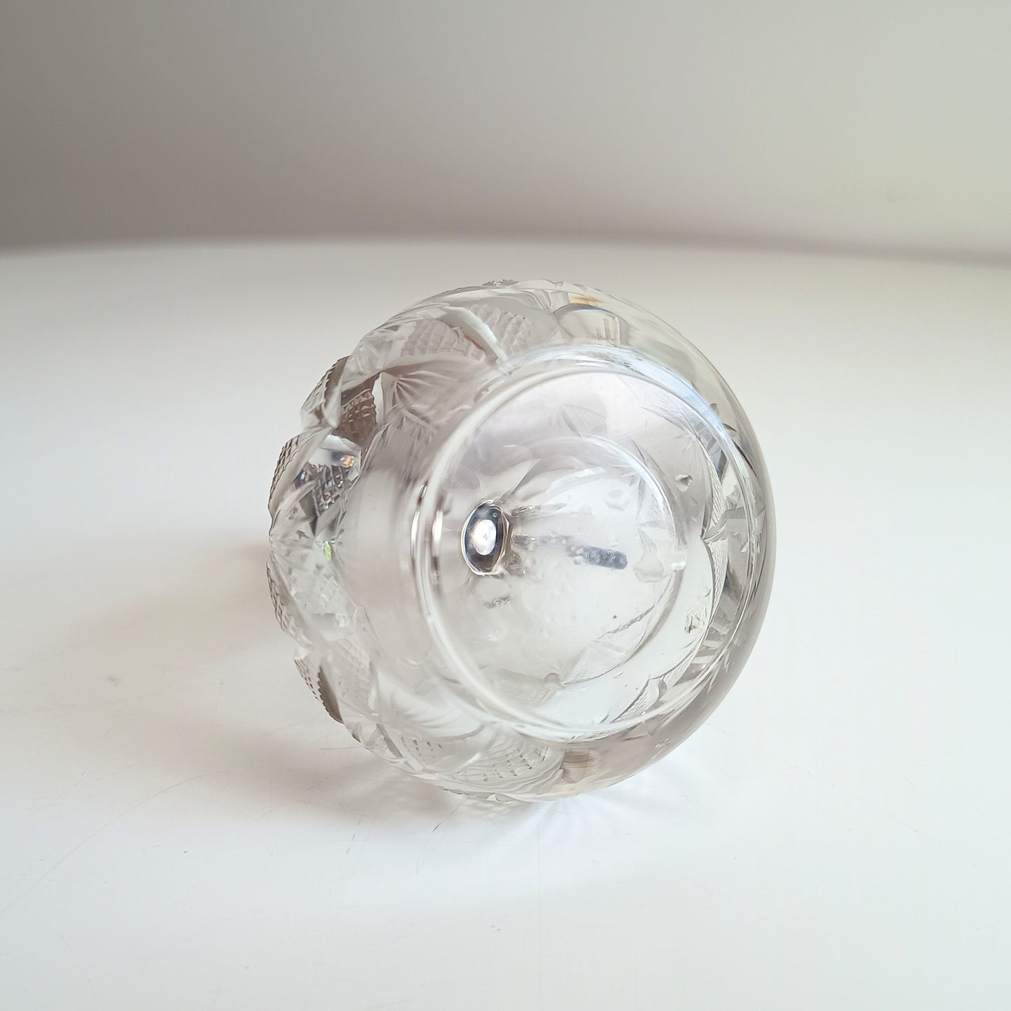 Vintage Fine Dining Cut Glass Bottle White Metal Neck, Handle Chained Stopper, Georgian Style