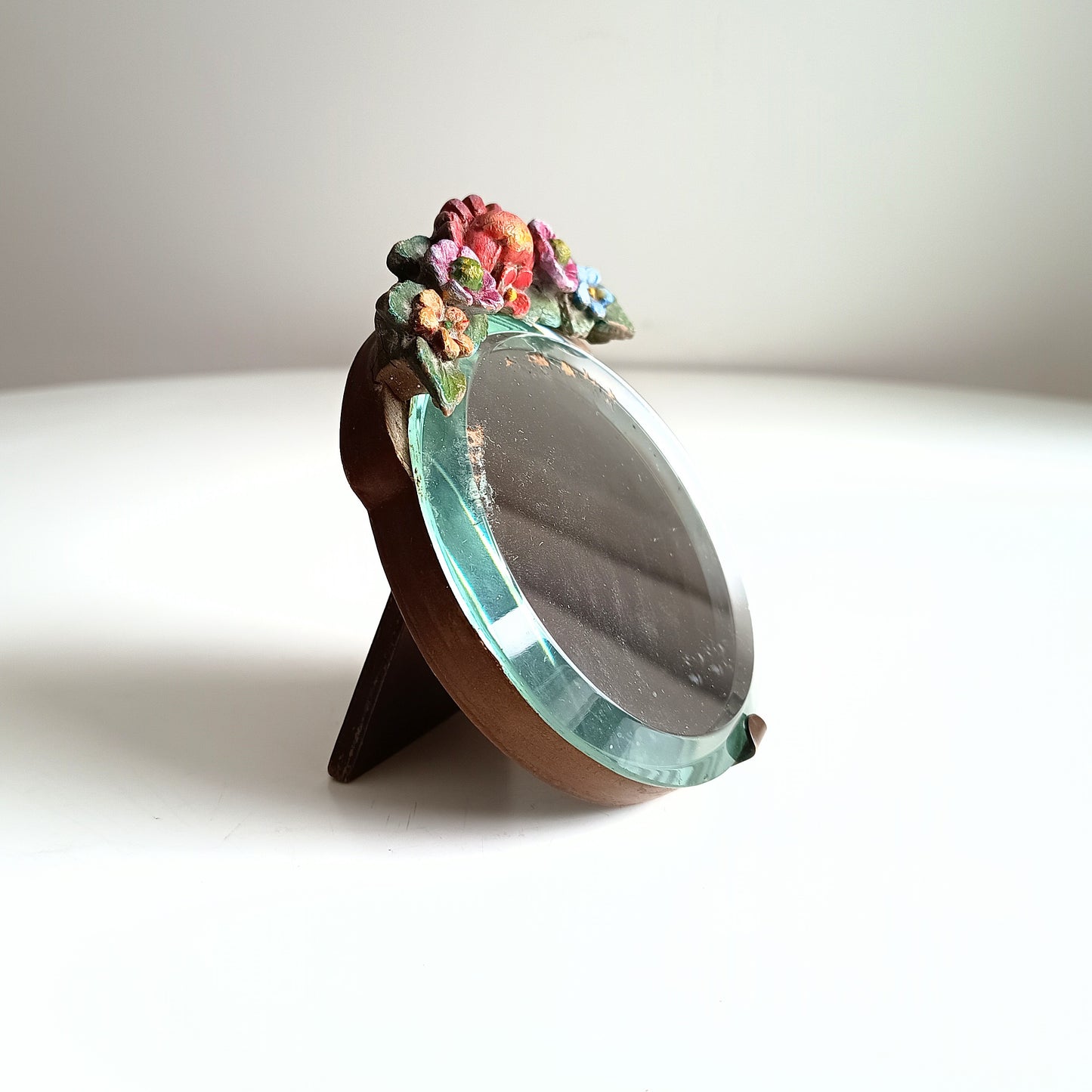 Authentic Vintage 1920-1930s Very Small Barbola Tabletop Bevelled Mirror with Pink Flowers