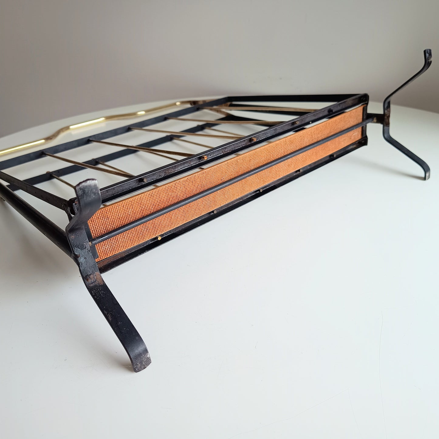 Authentic Vintage 1950s MCM Mid-Century Modern Brass Black Metal Magazine Rack in the style of Mathieu Matégot France or Cesare Lacca Italy