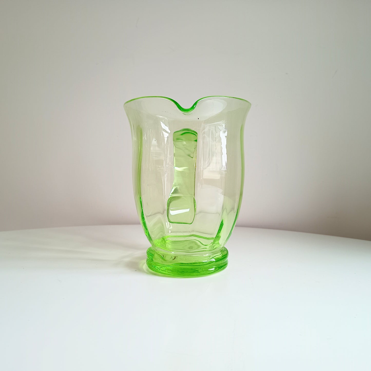 Genuine Vintage English Art Deco Blown Uranium Optic Glass Lemonade / Juice Jug / Pitcher With Handle, 1930s