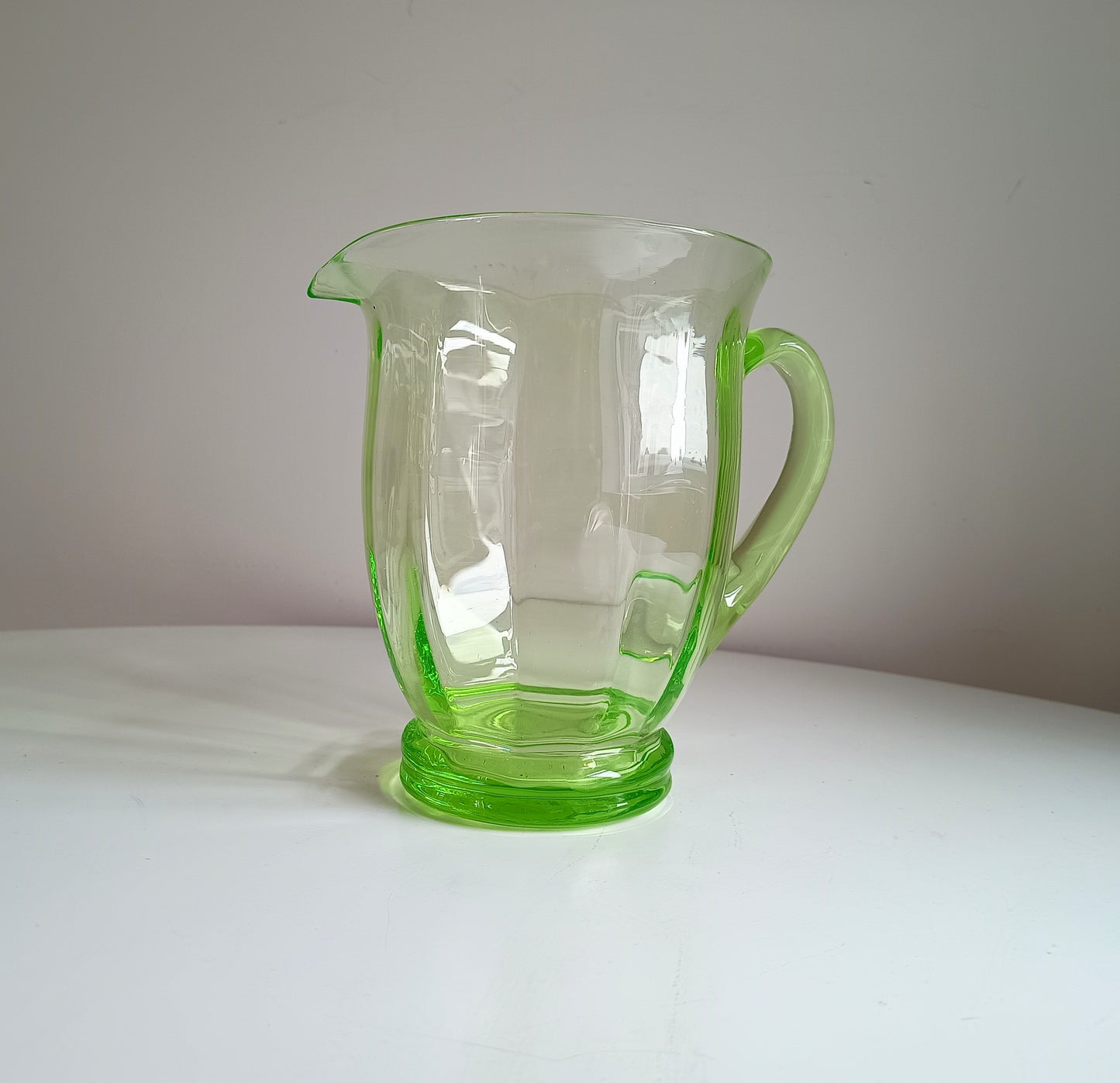 Genuine Vintage English Art Deco Blown Uranium Optic Glass Lemonade / Juice Jug / Pitcher With Handle, 1930s