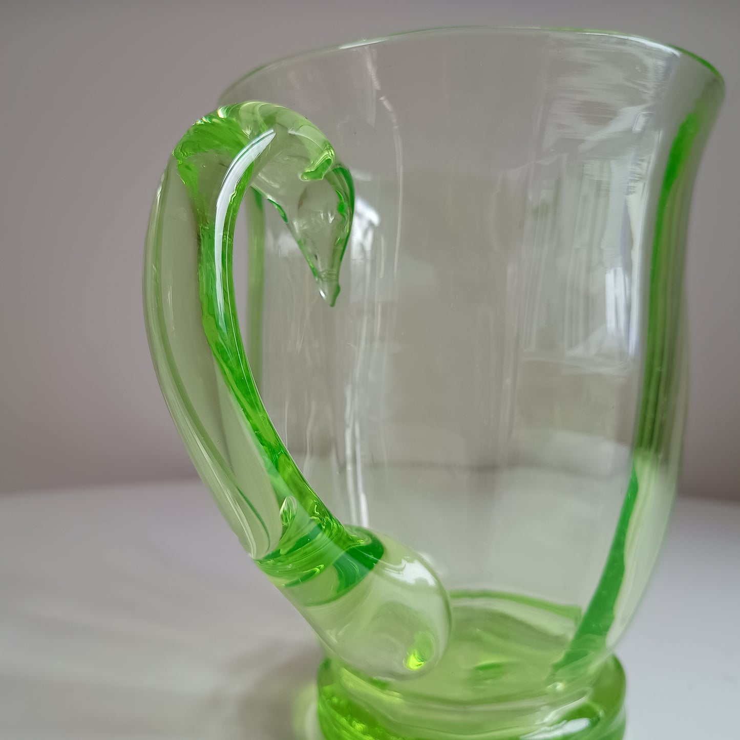 Genuine Vintage English Art Deco Blown Uranium Optic Glass Lemonade / Juice Jug / Pitcher With Handle, 1930s