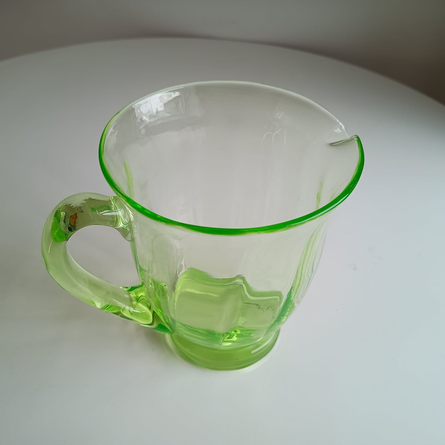 Genuine Vintage English Art Deco Blown Uranium Optic Glass Lemonade / Juice Jug / Pitcher With Handle, 1930s