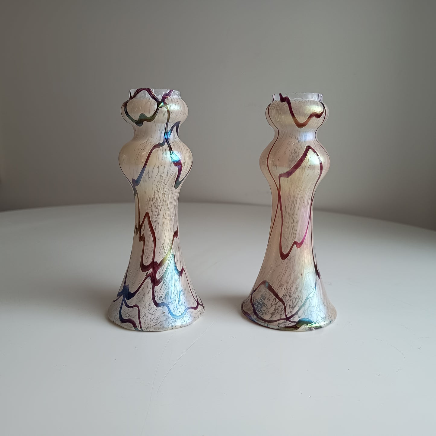 Pair of Art Nouveau Oil Spot Iridescent Lustre Vases by Rindskopf, Missing Silver Collars