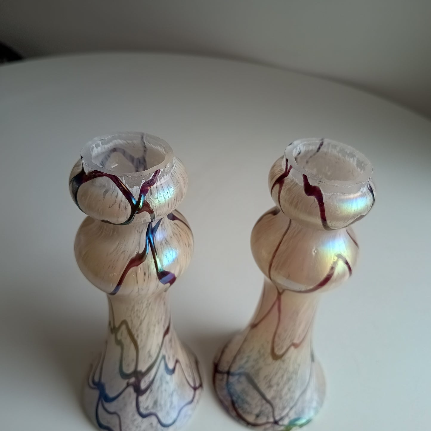 Pair of Art Nouveau Oil Spot Iridescent Lustre Vases by Rindskopf, Missing Silver Collars