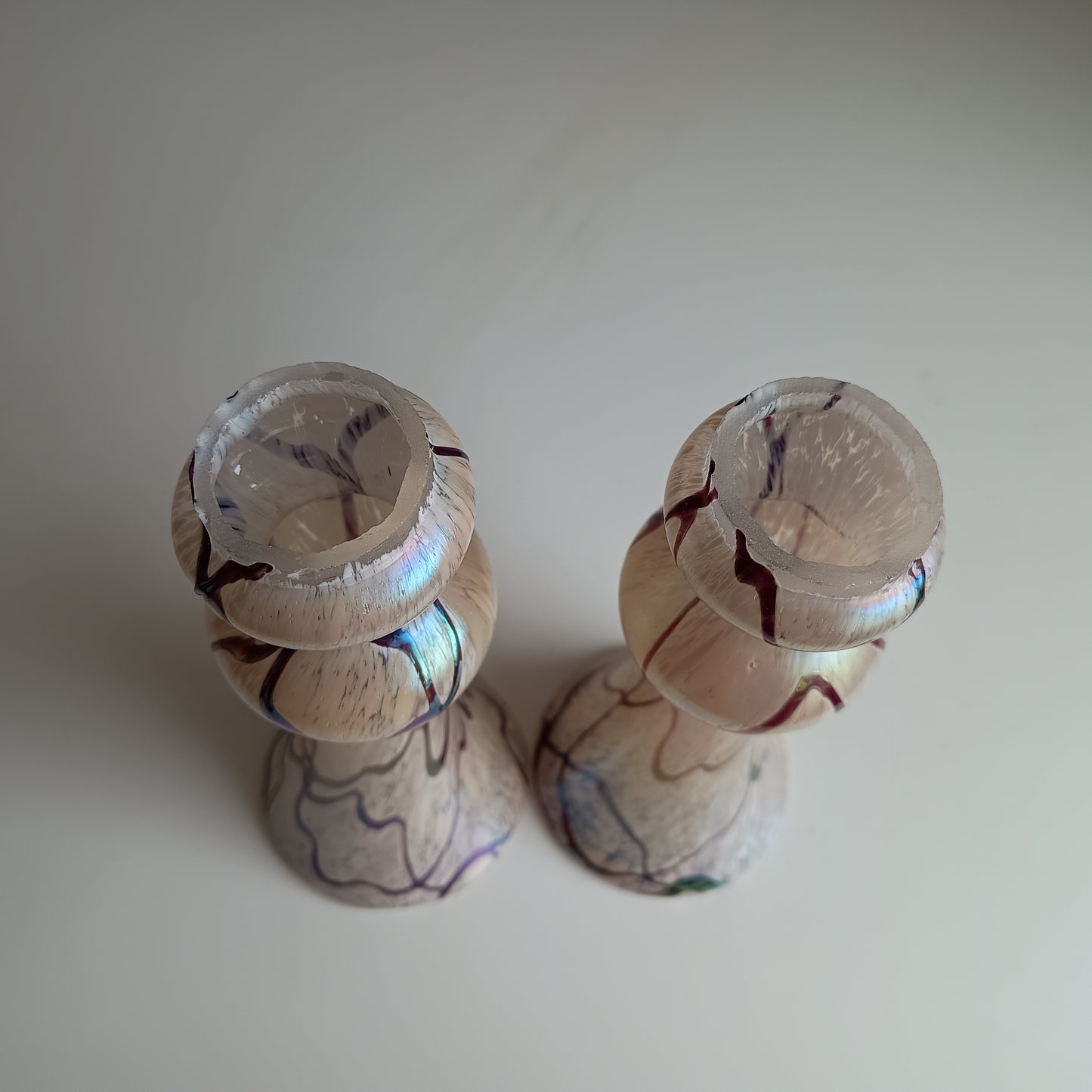 Pair of Art Nouveau Oil Spot Iridescent Lustre Vases by Rindskopf, Missing Silver Collars