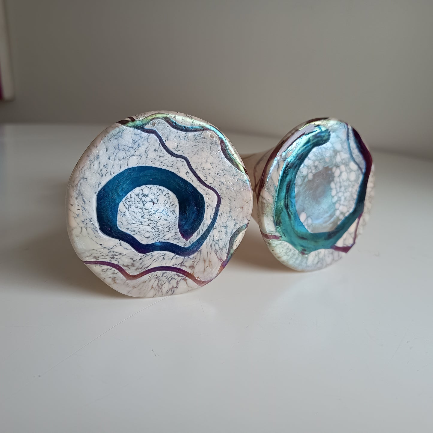 Pair of Art Nouveau Oil Spot Iridescent Lustre Vases by Rindskopf, Missing Silver Collars