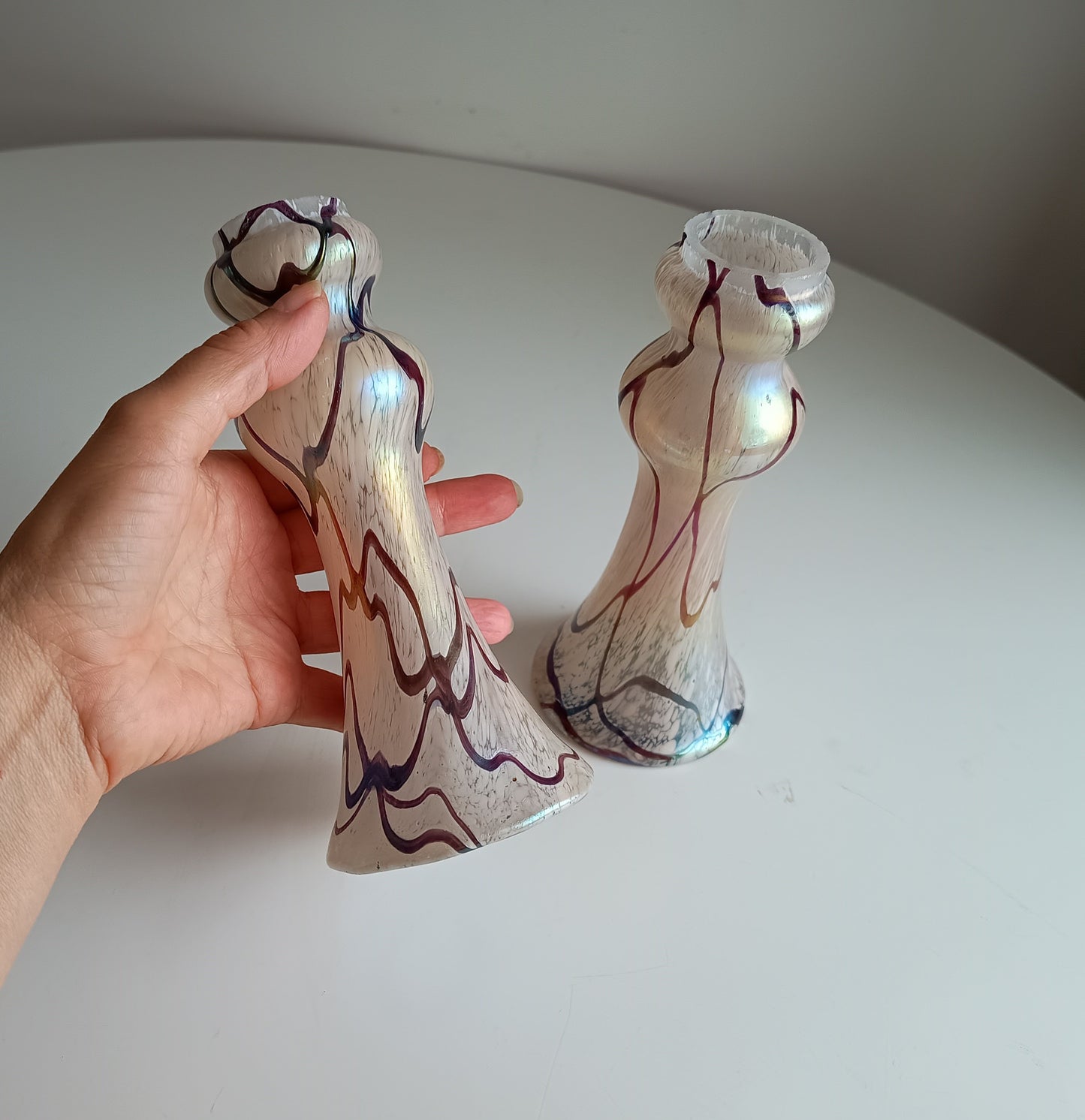 Pair of Art Nouveau Oil Spot Iridescent Lustre Vases by Rindskopf, Missing Silver Collars