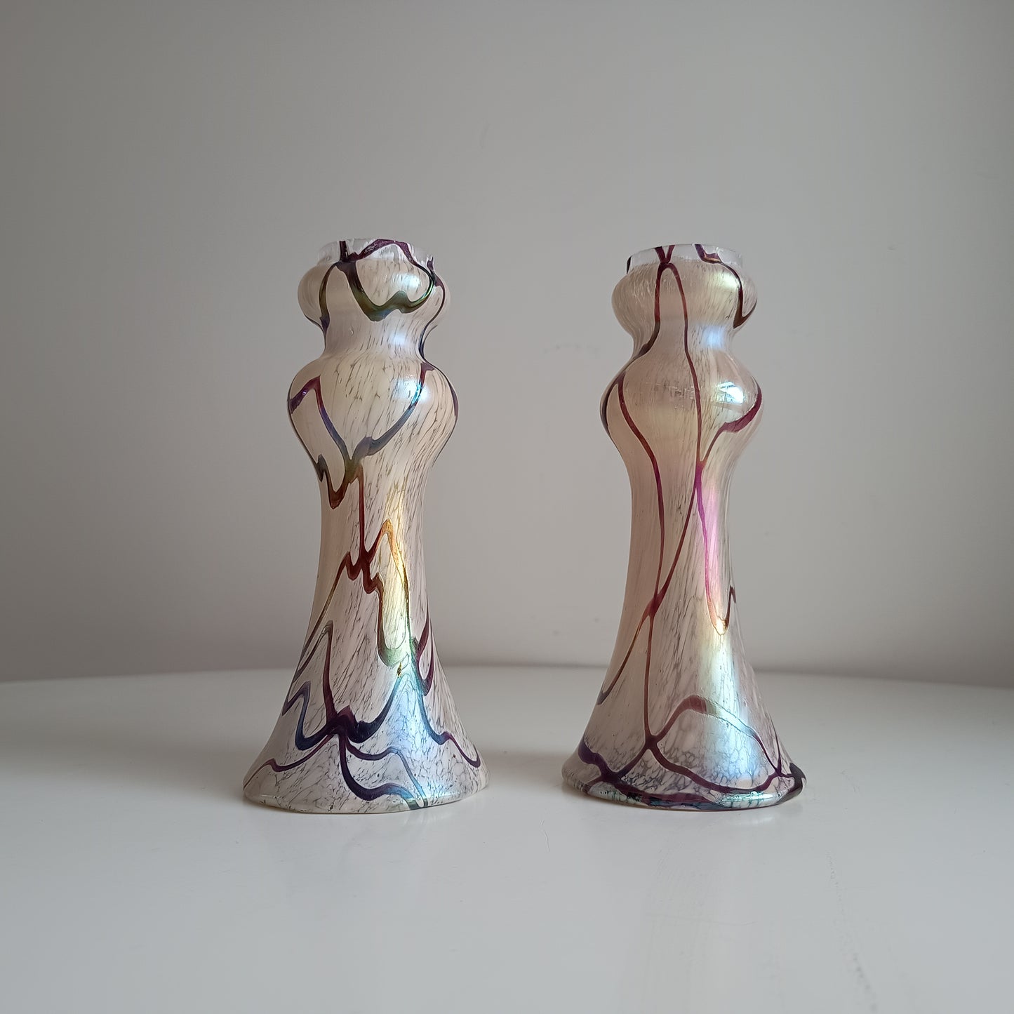 Pair of Art Nouveau Oil Spot Iridescent Lustre Vases by Rindskopf, Missing Silver Collars