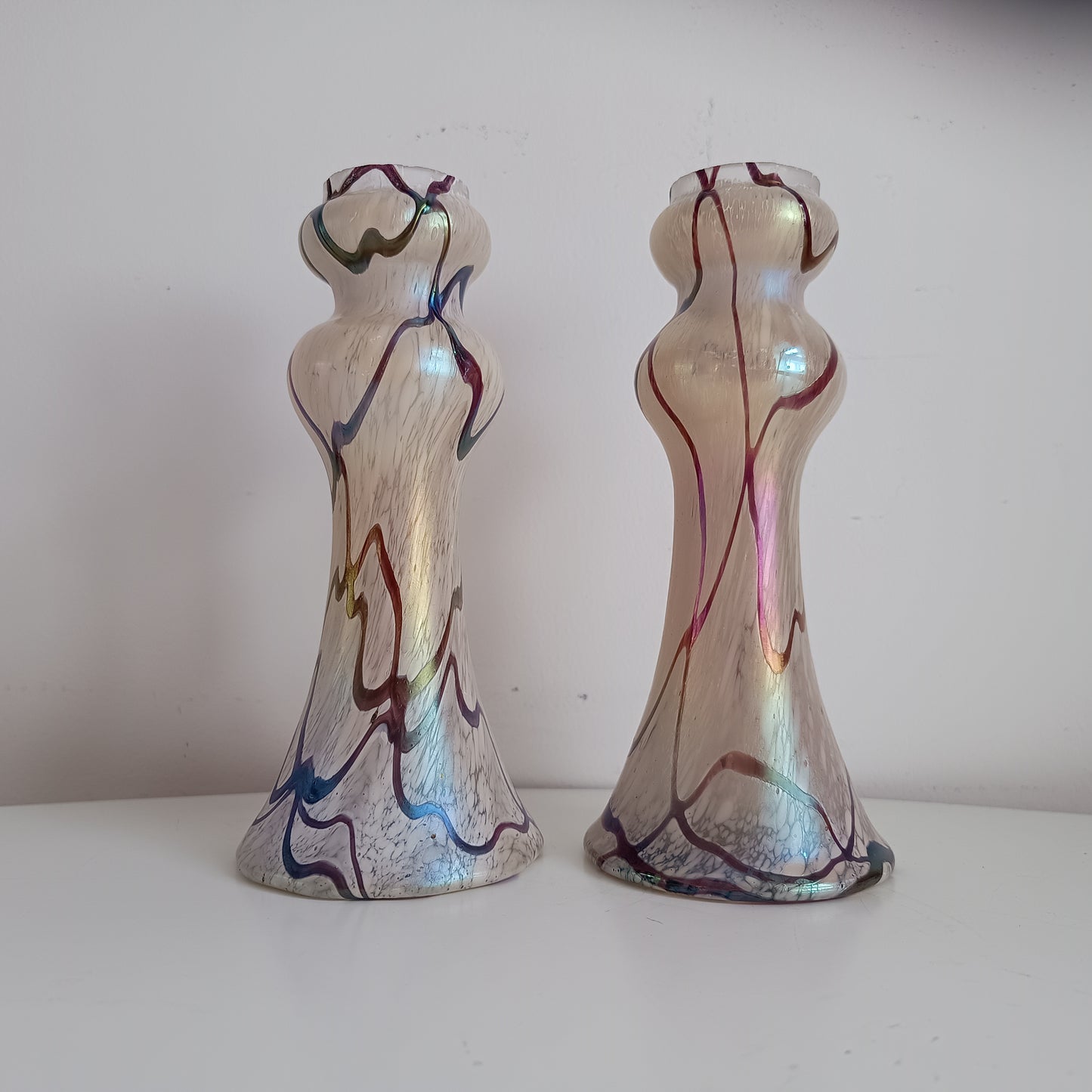 Pair of Art Nouveau Oil Spot Iridescent Lustre Vases by Rindskopf, Missing Silver Collars