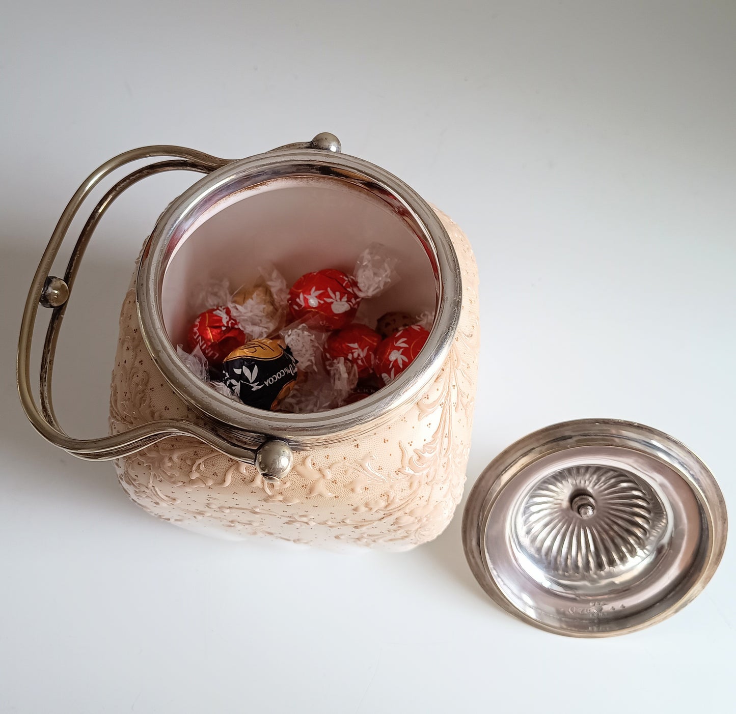 Doulton Burslem - Large Vintage Blush Biscuit Barrel With Optic Swirl Body and Metal Cover c 1900 Art Nouveau