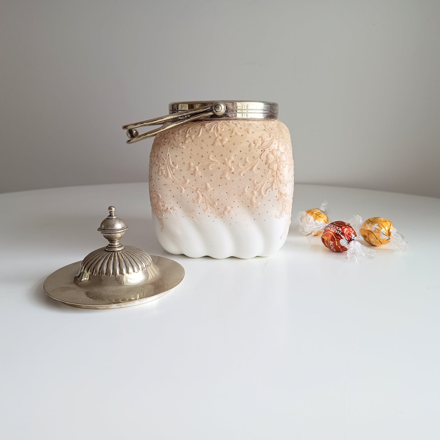 Doulton Burslem - Large Vintage Blush Biscuit Barrel With Optic Swirl Body and Metal Cover c 1900 Art Nouveau