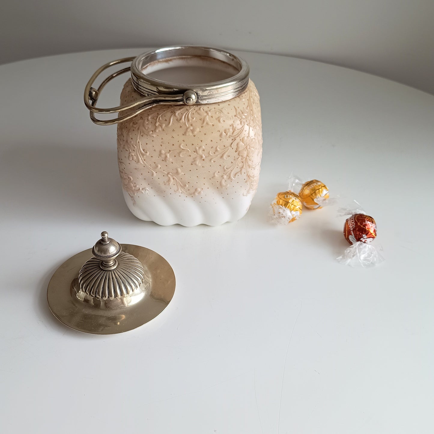 Doulton Burslem - Large Vintage Blush Biscuit Barrel With Optic Swirl Body and Metal Cover c 1900 Art Nouveau