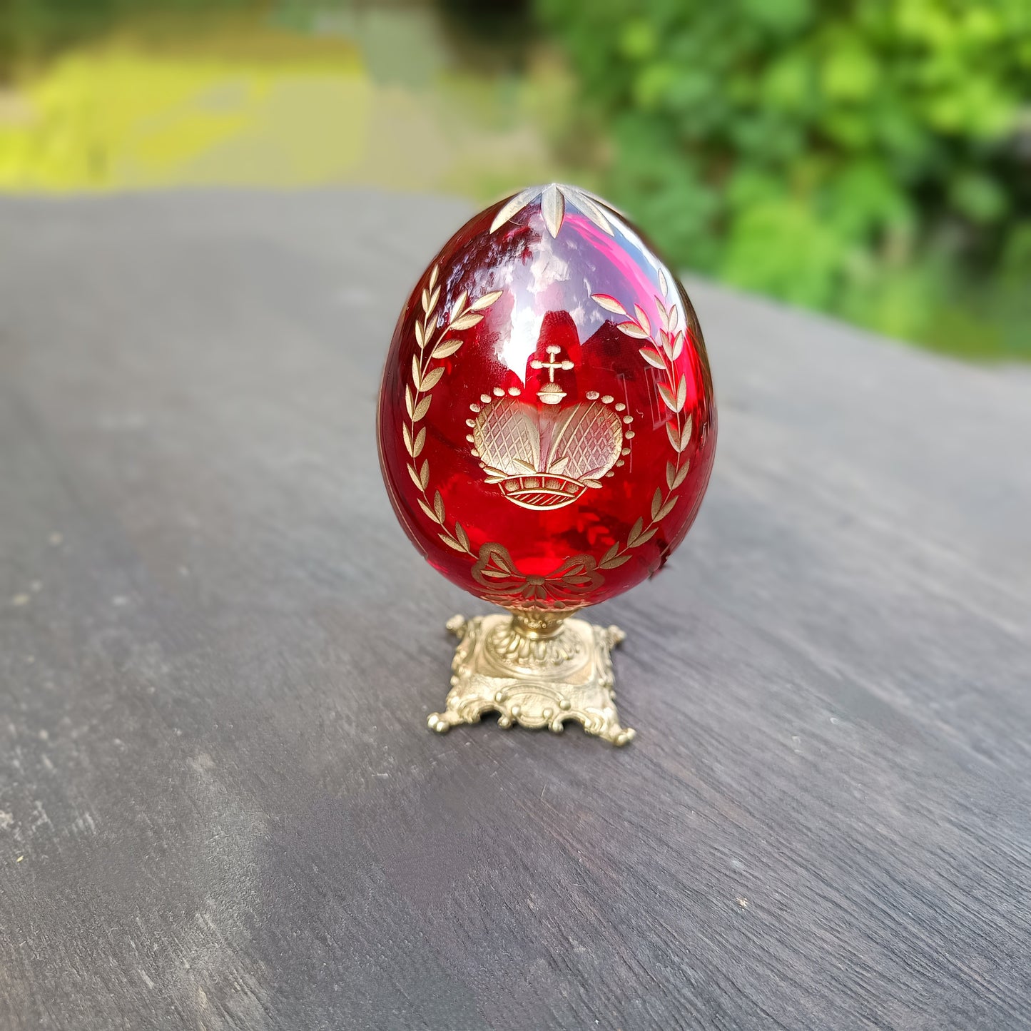 Vintage Ruby Glass Engraved Gilded Crystal Egg with Brass Mount in the style of Faberge, Desk / Shelf Styling Ornament