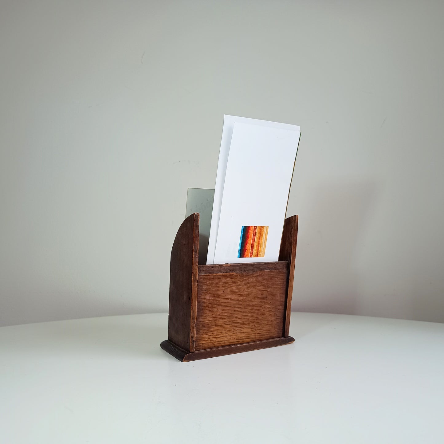 Late Victorian English Oak and  Tabletop Post Cards Stand or Letter Rack – Small Desk Model, rarely found marked specifically for Post Cards